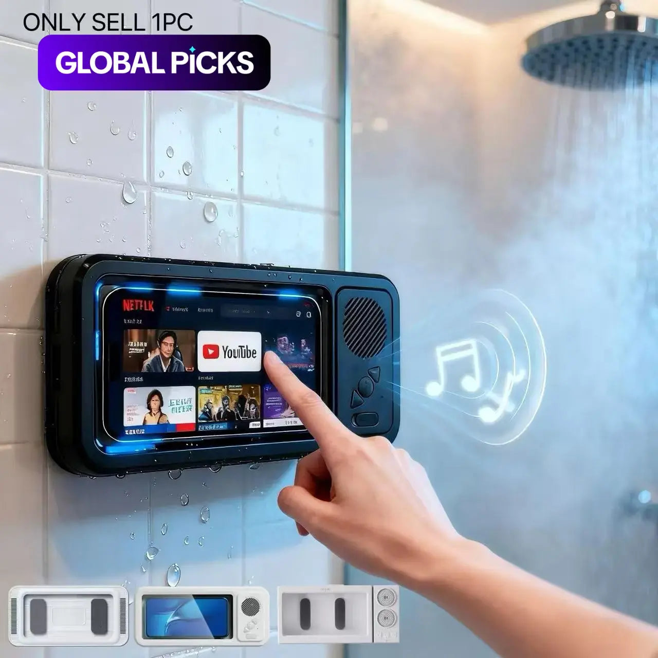 Mobile Phone Waterproof Box, Bluetooth Speaker, Bathroom Waterproof 360 ° Rotating Touch Screen, Watch Movies, Listen to Music, Mobile Phone Holder, Bluetooth Speaker, Audio Shower TV Holder, Bathroom Holder, Swimming Pool, Kitchen, Bathroom, Sink